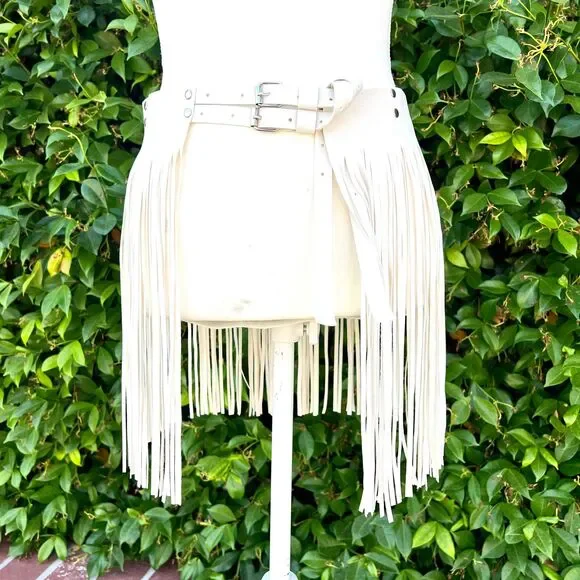Fringe Tassel Skirt White Faux Leather Buckle Belted Mini Womens Size OS - Picture 3 of 6